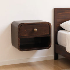 16" Walnut Solid Wood Round One Drawer Floating Nightstand