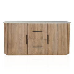 63" Brown And White Solid Wood And Marble Ribbed Texture Sideboard with Two Doors