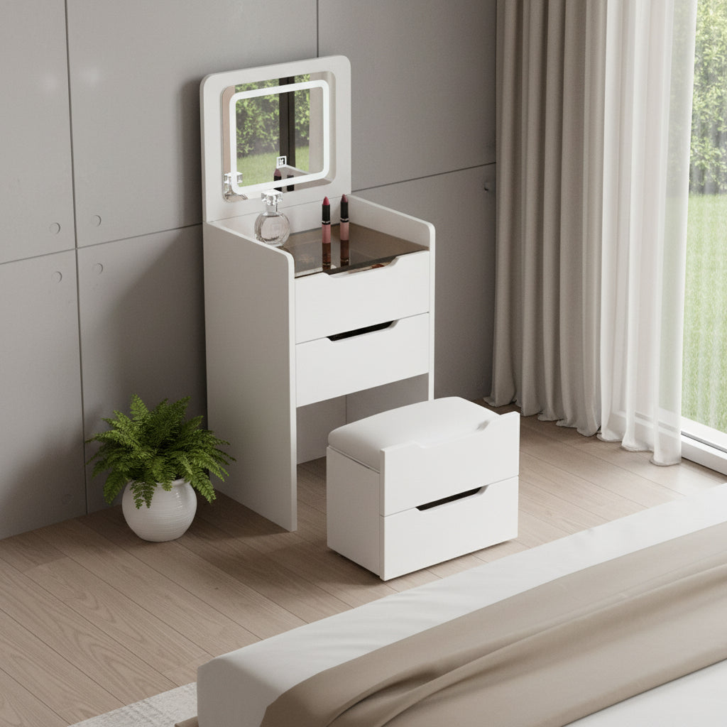 19" White Wood Lighted Three Drawer Dresser With Mirror