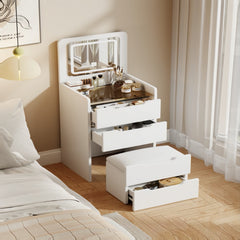 24" White Wood Lighted Mirrored Three Drawer Dresser