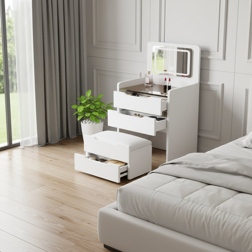 24" White Wood Lighted Mirrored Three Drawer Dresser