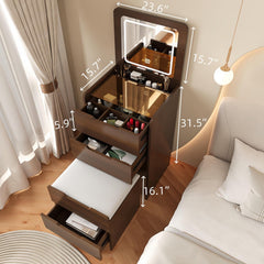 24" Brown Wood Lighted Mirrored Three Drawer Dresser