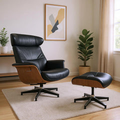 33" Black and Walnut Tufted Genuine Leather and Stainless Steel Lounge Chair With Ottoman