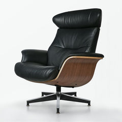 33" Black and Walnut Tufted Genuine Leather and Stainless Steel Lounge Chair With Ottoman