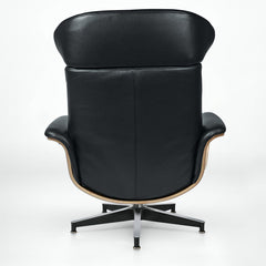 33" Black and Walnut Tufted Genuine Leather and Stainless Steel Lounge Chair With Ottoman