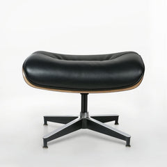 33" Black and Walnut Tufted Genuine Leather and Stainless Steel Lounge Chair With Ottoman