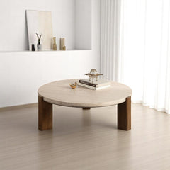 40" Natural and Oak Stone and Wood Round Coffee Table