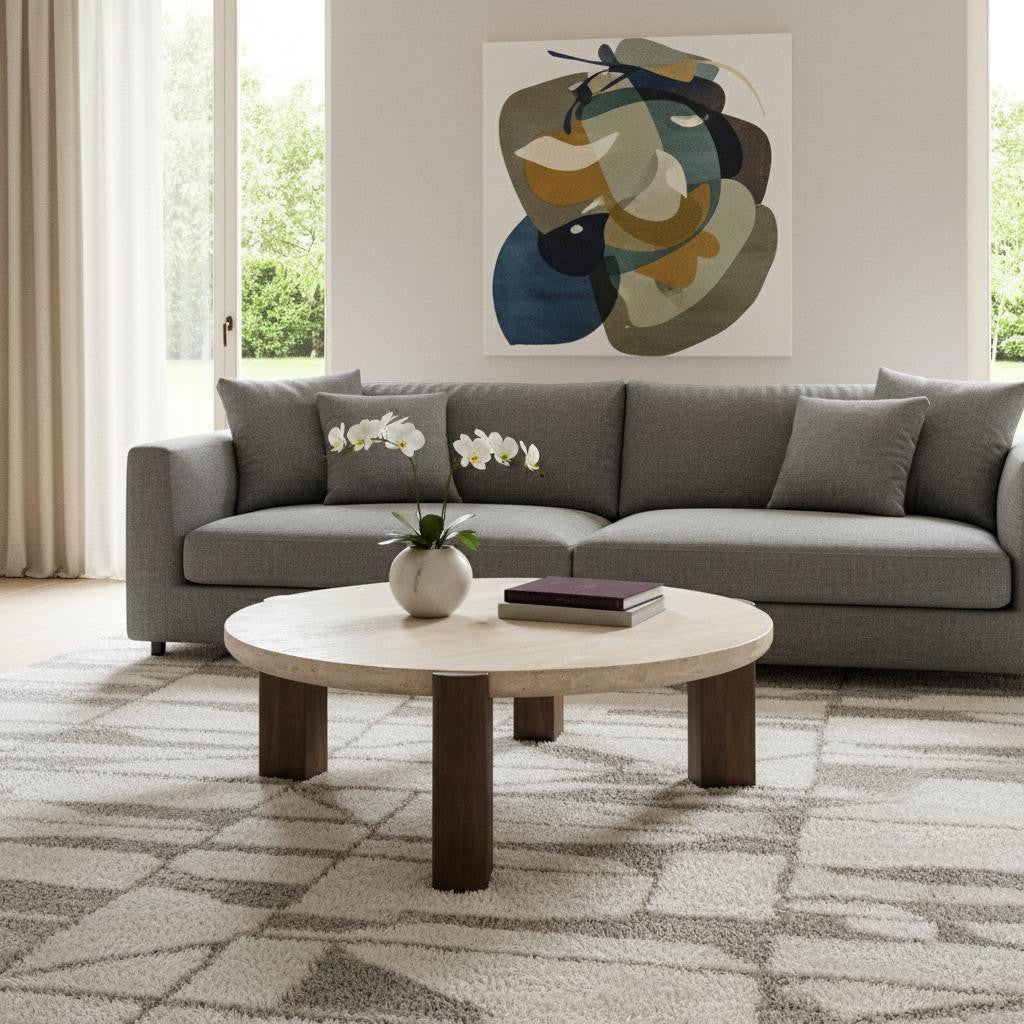 40" Natural and Oak Stone and Wood Round Coffee Table