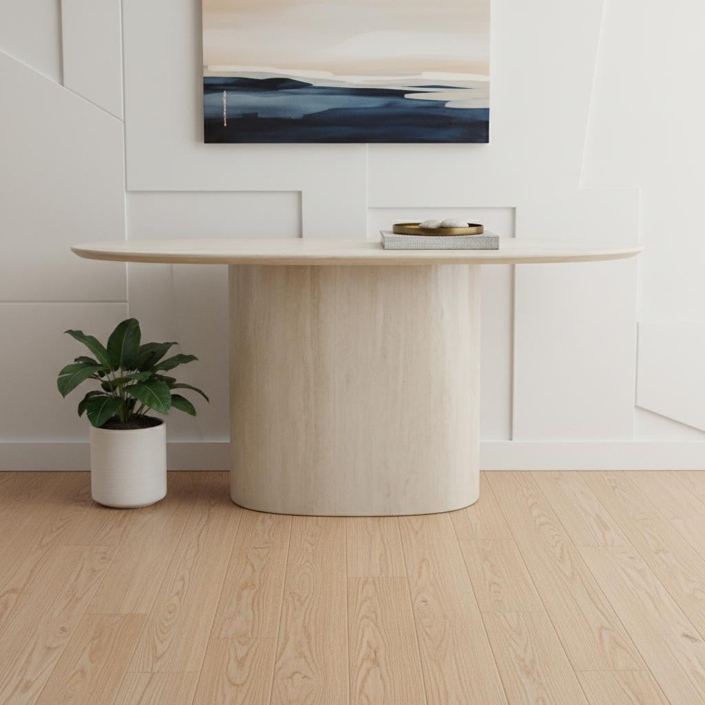 71" Beige Genuine Marble and Stone Oval Pedestal Console Table