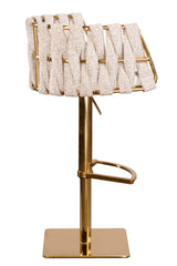 Off White and Gold Faux Leather Linen and Steel Low Back Adjustable Height Swivel Bar Chair