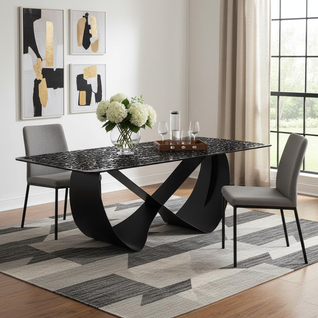 94" Black Glass and Metal Cross Leg Base Dining Table