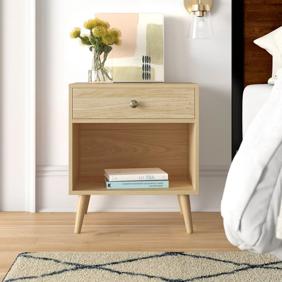 Mid-Century Modern 1-Drawer Nightstand in Natural Straw Yellow Wood Finish
